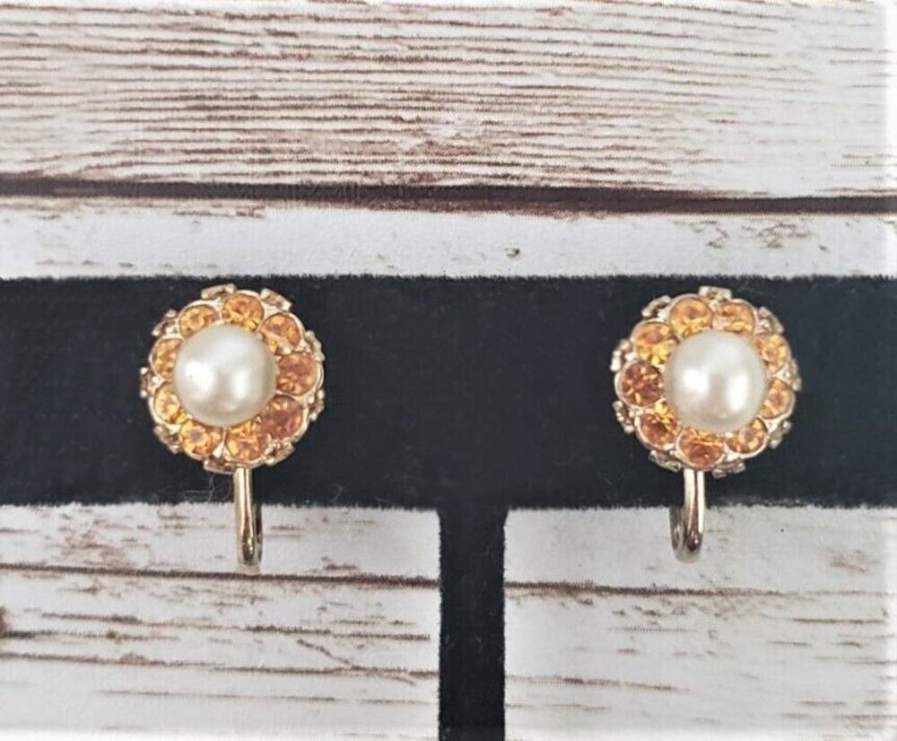Vintage Coro Screw On Earrings - Faux Pearl with Orange Gem Halo